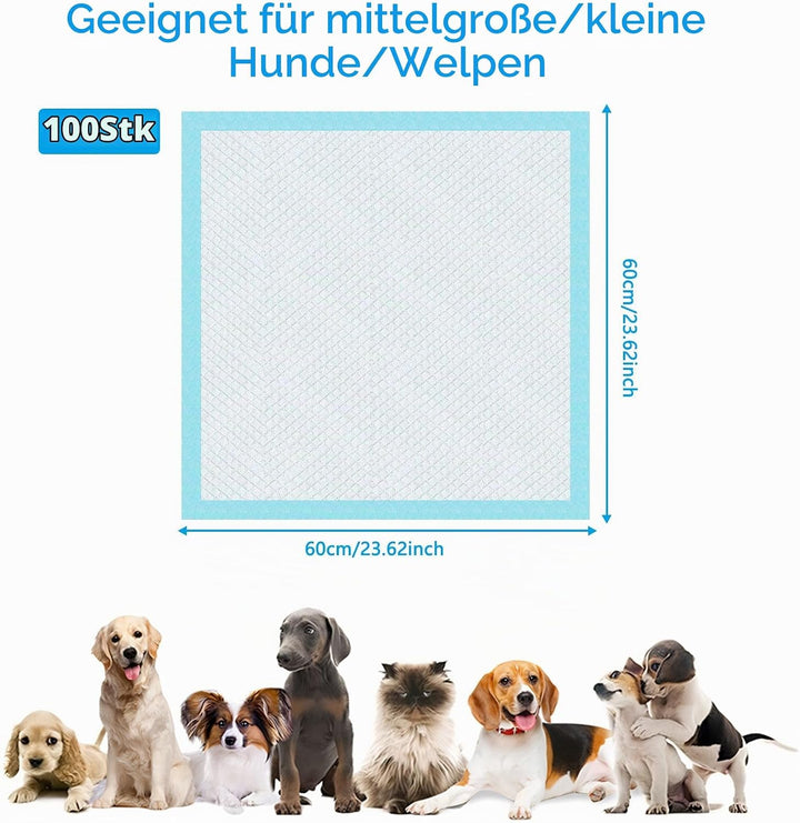 100 Stück PIPI Matten für Hunde und Welpen, 60 × 60cm Trainingspads, Wickelunterlagen Baby Geeignet