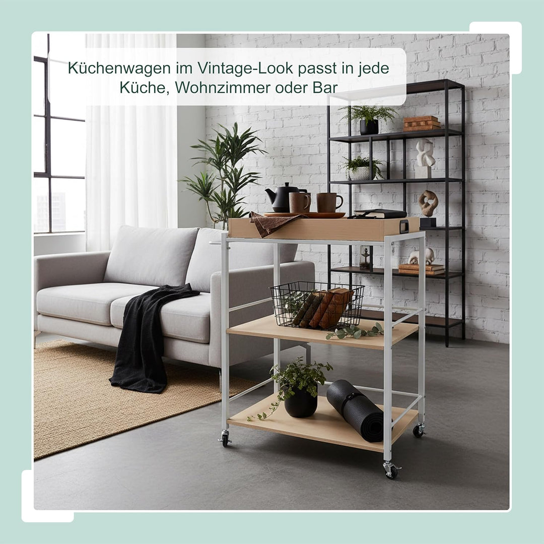 Relaxdays Servierwagen mit abnehmbarem Tablett, 3 Etagen, HxBxT: 88 x 70 x 40 cm, Küchenwagen skandi