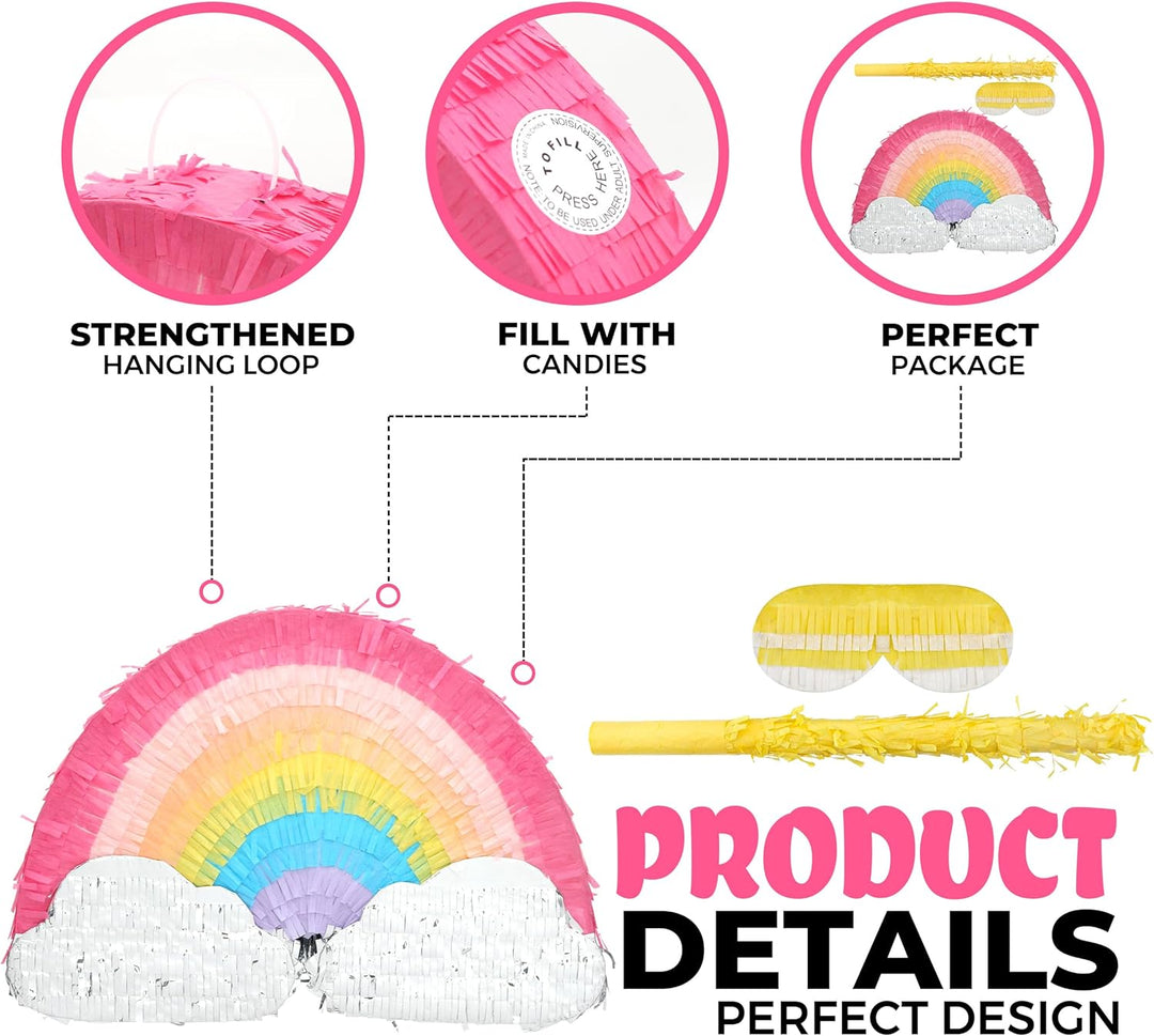 Regenbogen-Pinatas-Set mit Augenbinde und Fledermaus (41,5 x 21,6 x 8,9 cm), Regenbogen-Pinatas für
