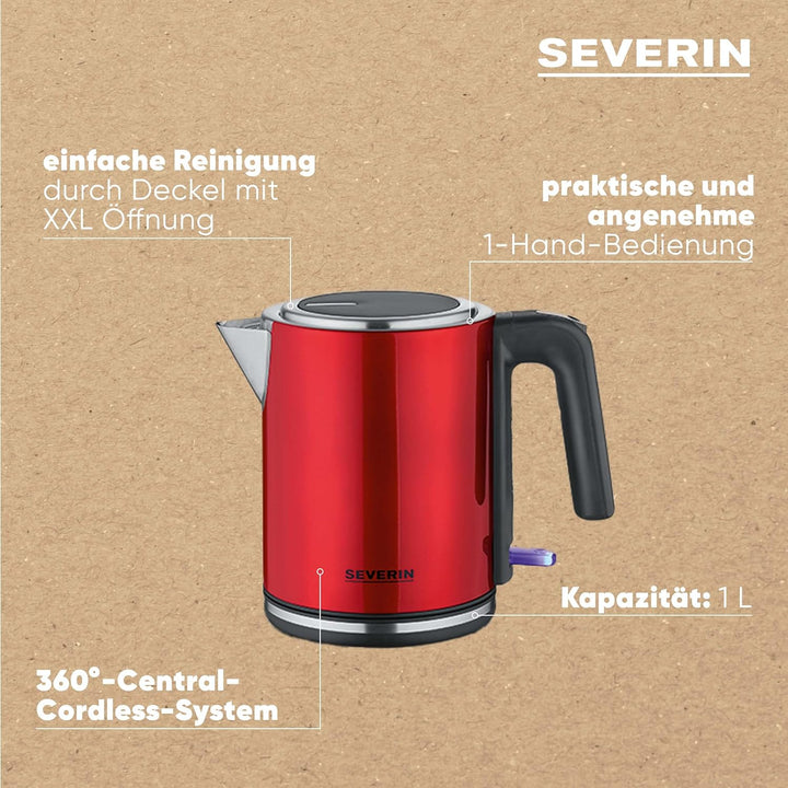 SEVERIN Wasserkocher 1L, elektrischer Wasserkocher mit Wasserstandsanzeige, Kalkfilter, XXL-Öffnung,