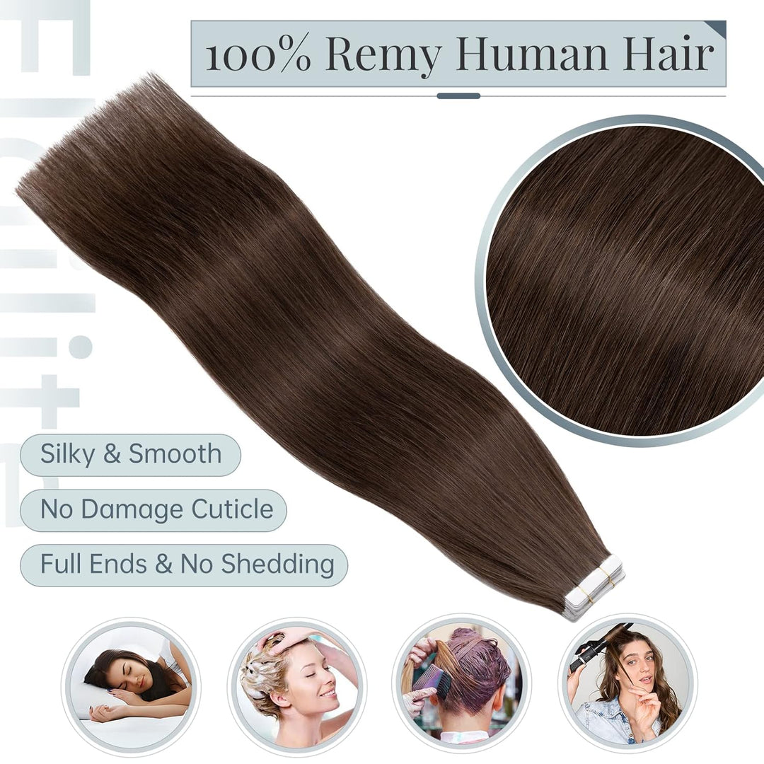 Elailite Extensions Echthaar Tape #04 Schokobraun, 20 Stück/Packung Real Human Hair, 35cm Indian Haa