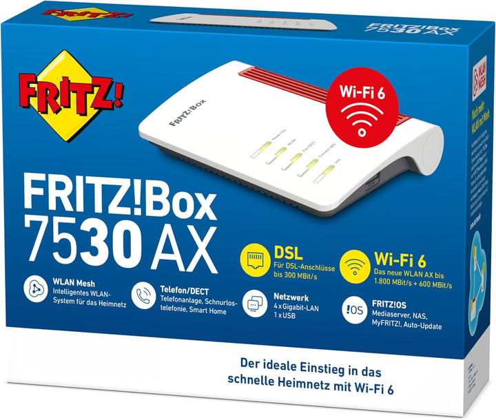 AVM FRITZ!Box 7530 AX WI-FI 6 Router (DSL/VDSL,1.800 MBit/s (5GHz)&600 MBit/s (2,4 GHz),bis zu 300 M
