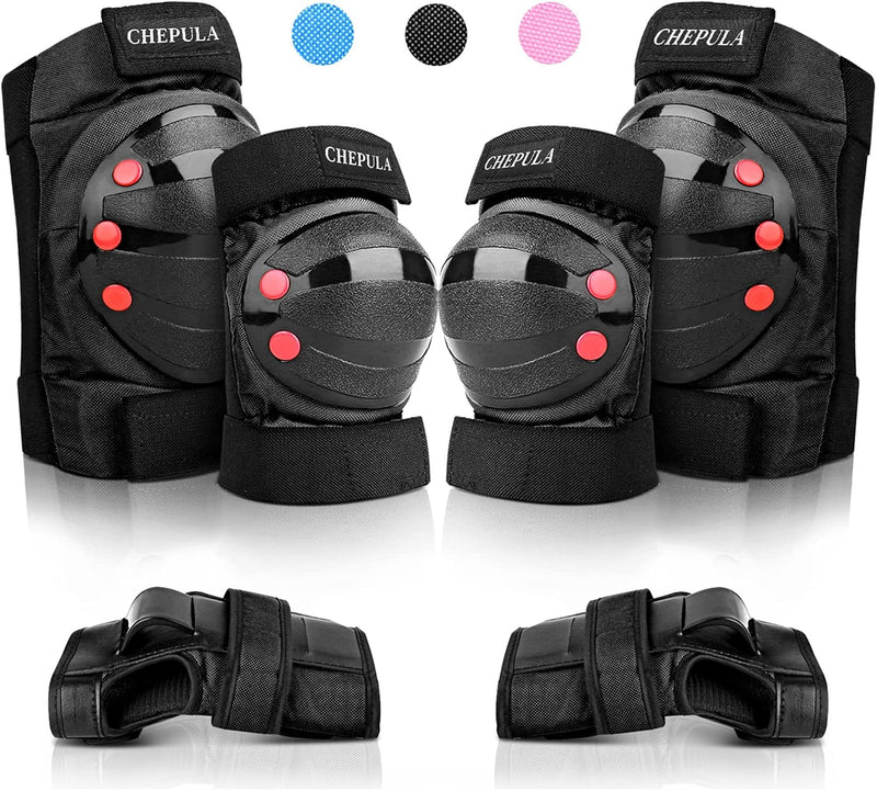 CHEPULA Schoner Inliner Kinder Erwachsene, 6 in 1 Protektoren Set, Verstellbare Knieschoner Ellenbog