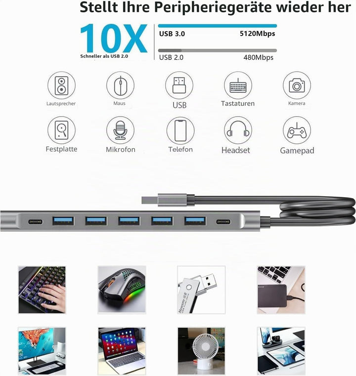 Langes USB-Hub-Kabel, 8 Anschlüsse, USB-3.0-Adapter mit 6 USB-3.0-Datenanschlüssen, USB-C-Daten, USB
