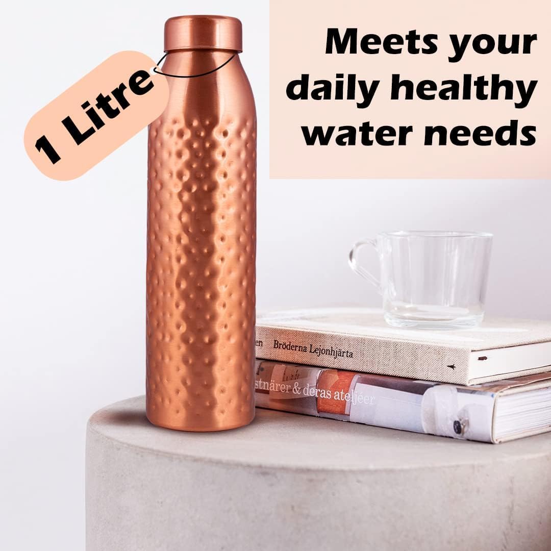 NORMAN JR Kupfer-Wasserflasche 1L – Geschenkbox mit 3 Stück, Gehämmert, EIN ayurvedisches Gefäss aus