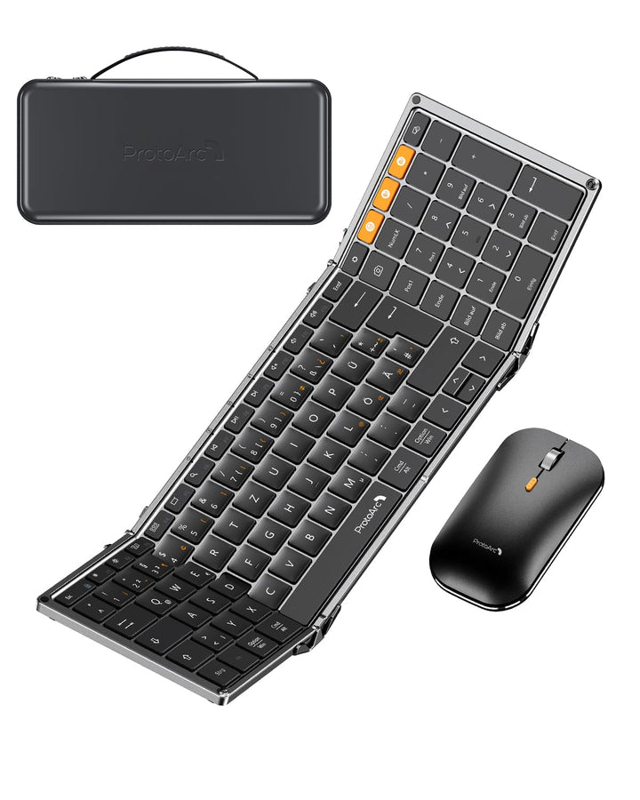 ProtoArc Faltbare Tastatur Kabellos und Maus, XKM01 Bluetooth Tastatur Klappbar Maus Set, 2.4G+Dual