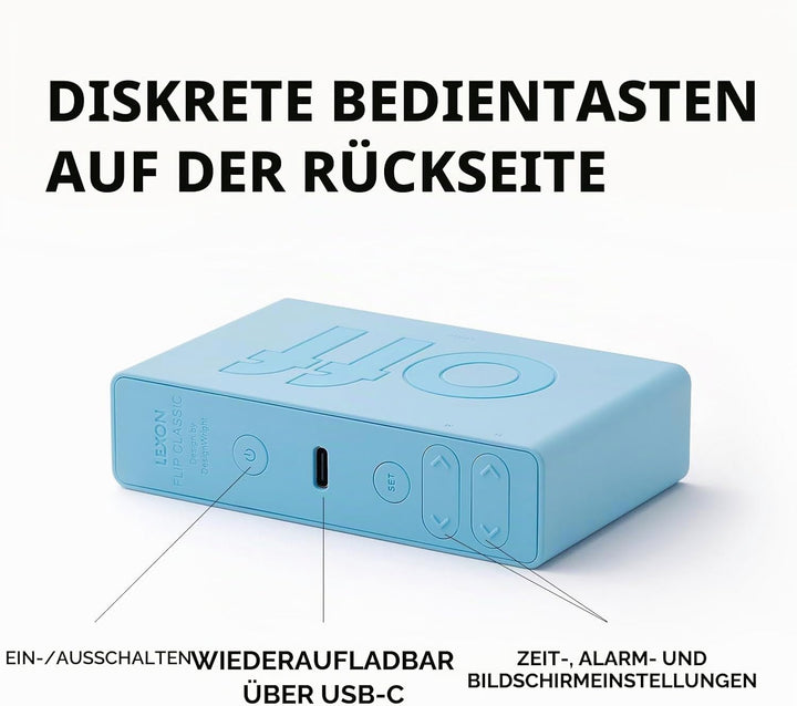 Lexon Flip Classic Morgenwecker, beleuchtet, wendbar mit Seiten on Off und Snooze-Funktion, mit LCD-