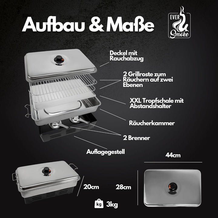 Eversmoke Deluxe Edelstahl Tischräucherofen Set mit Zubehör | Räucherofen mit Räuchermehl, Räucherge