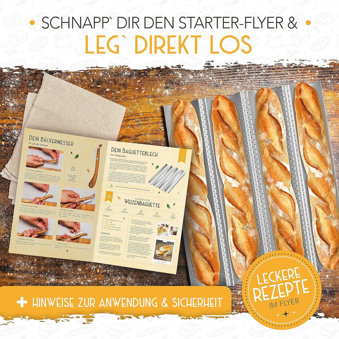 KRUSTENZAUBER Baguette Backform Antihaft inkl. Bäckerleinen u. Bäckermesser - 4er Baguette-Backblech