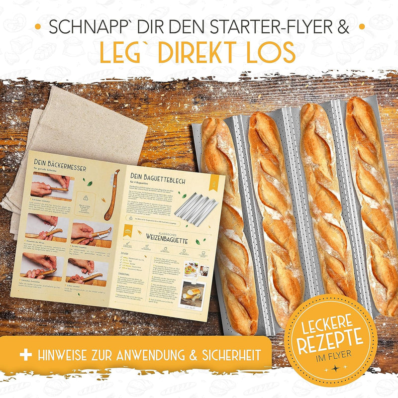 KRUSTENZAUBER Baguette Backform Antihaft inkl. Bäckerleinen u. Bäckermesser - 4er Baguette-Backblech
