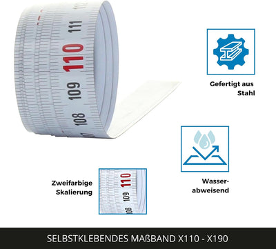 hedue® selbstklebendes Massband 10 m X190 - Massband selbstklebend , von links nach rechts von links