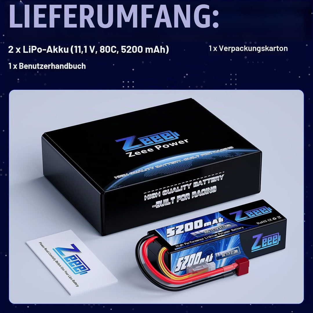 Zeee 3S LiPo Akku 11,1V 80C 5200mAh Hardcase Batterie mit T Stecker für RC Auto, RC Flugzeug, RC Hub