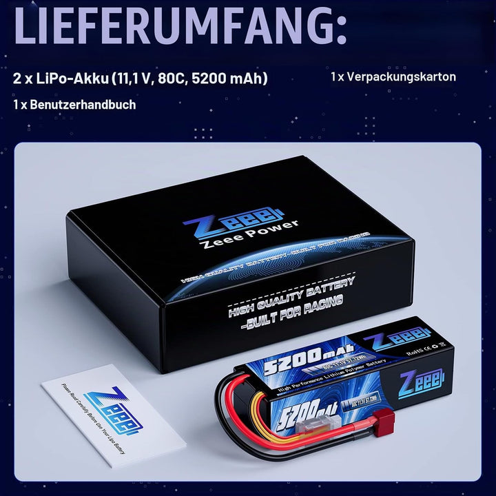 Zeee 3S LiPo Akku 11,1V 80C 5200mAh Hardcase Batterie mit T Stecker für RC Auto, RC Flugzeug, RC Hub