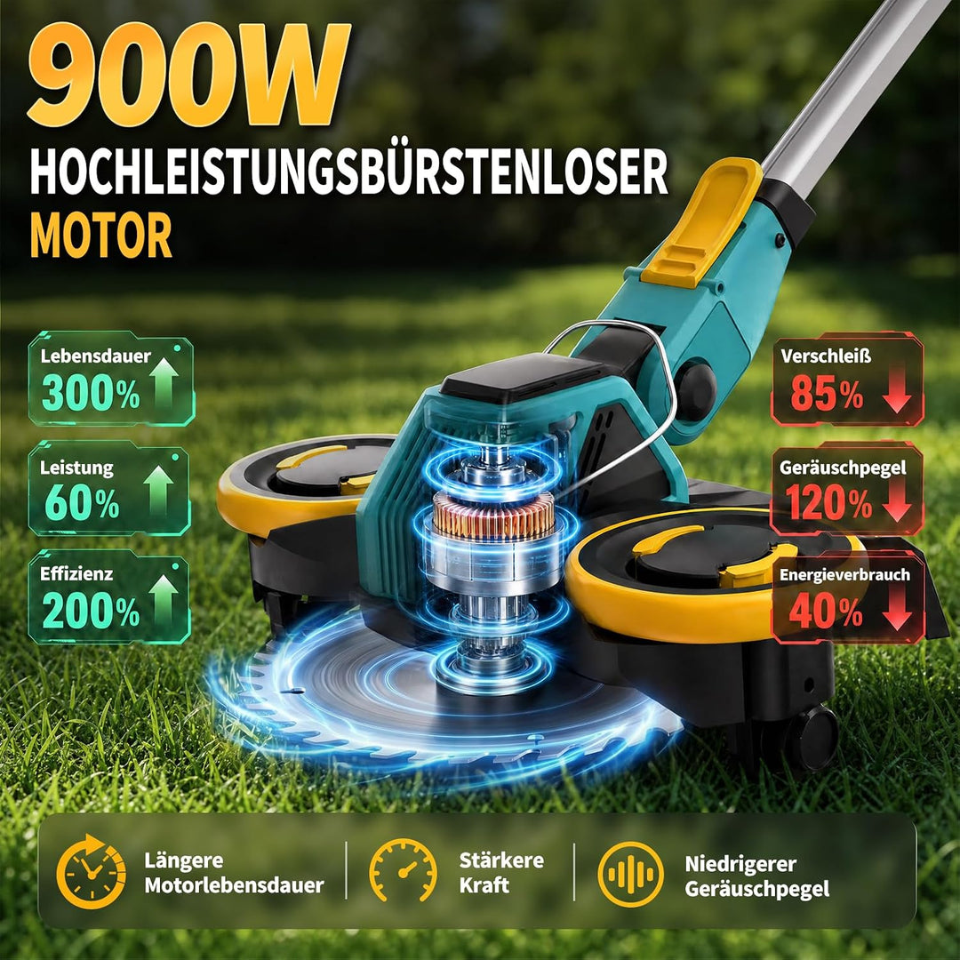 Rasentrimmer mit Akku, 21V Akku Rasentrimmer für Makita Akku, Rasentrimmer mit Unkrautbürste, 2 * 4.
