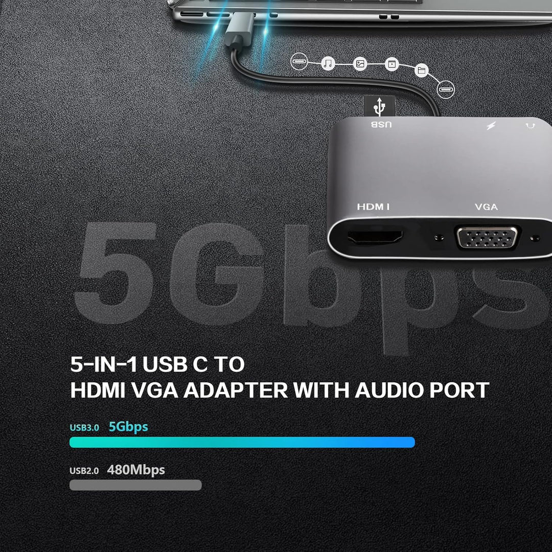 VCOM USB C zu HDMI VAG Adapter, 5-in-1 Typ C Hub mit 4K HDMI, 1080P VGA, 100W PD -Aufladung, USB 3.0