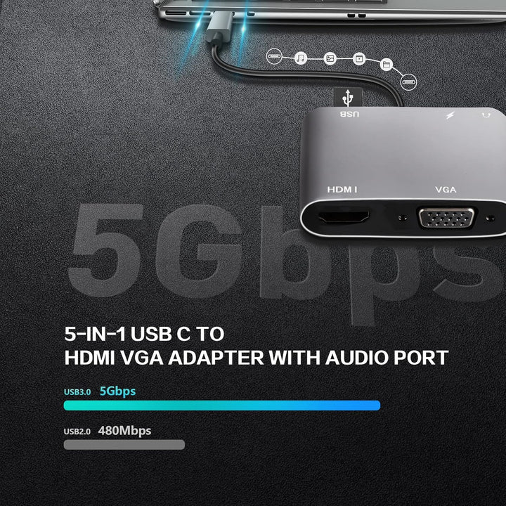 VCOM USB C zu HDMI VAG Adapter, 5-in-1 Typ C Hub mit 4K HDMI, 1080P VGA, 100W PD -Aufladung, USB 3.0