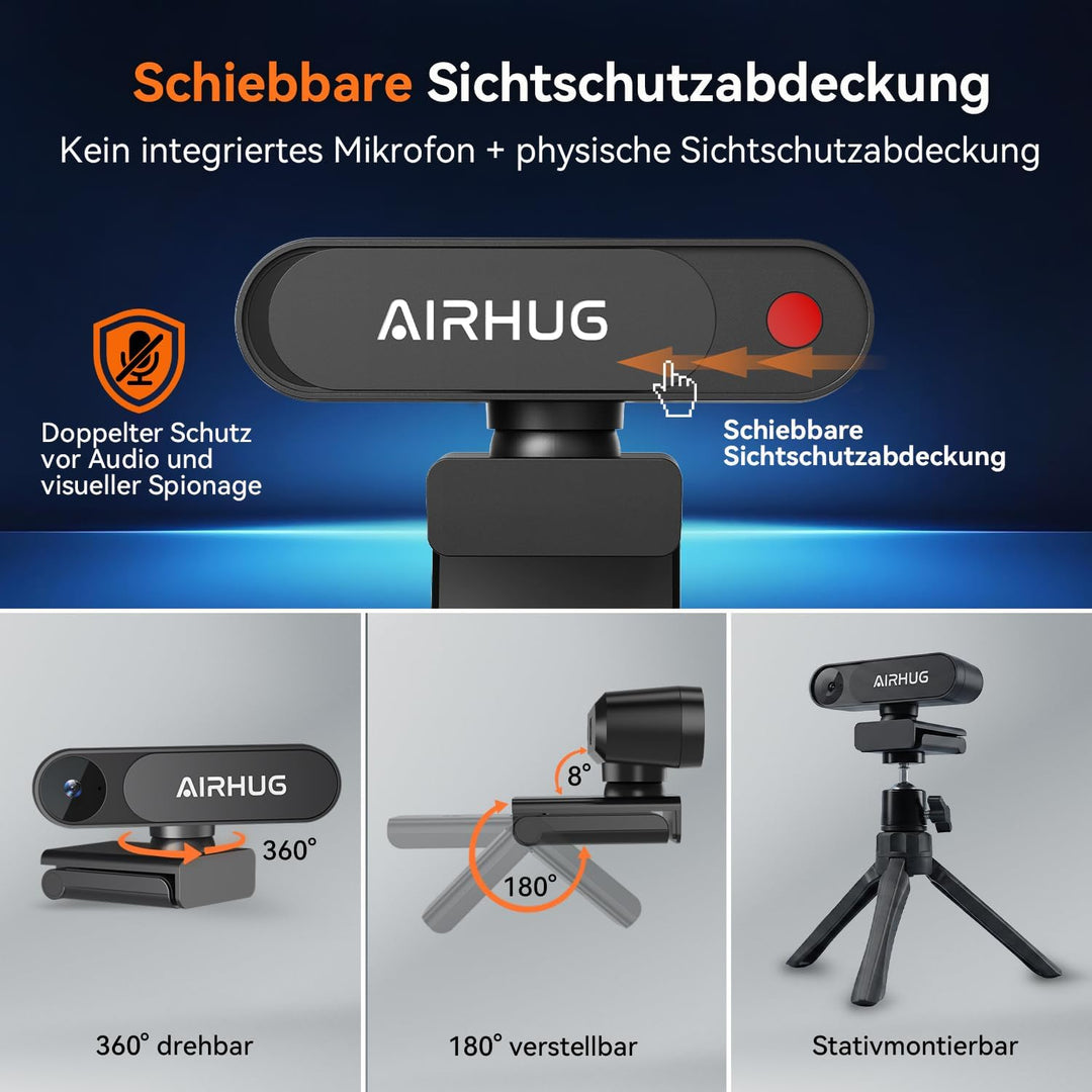 AIRHUG 4K UHD USB Webcam ohne Mikrofon, Datenschutzkappe für sichere Meetings- 16MP Sony Sensor, PDA