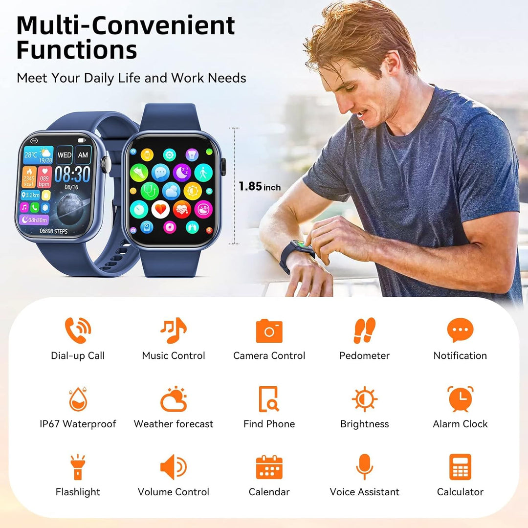 Smartwatch Damen Herren, 1.85" Zoll Touchscreen Smart Watch mit Bluetooth Anrufe, Uhr Damen Herren m