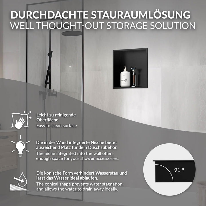 LuxeBath Wandnische aus Edelstahl, 30x30x10 cm, Schwarz, Duschnische mit Rahmen, Einbauregal, Flexib