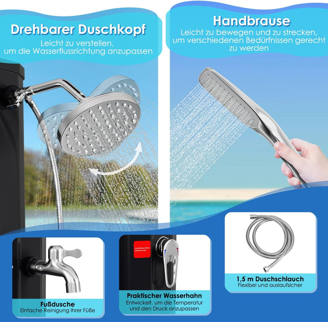 Solardusche Garten 35 Liter | Gartendusche Solar | warmes Wasser max. 60 °C | aussendusche mit handb