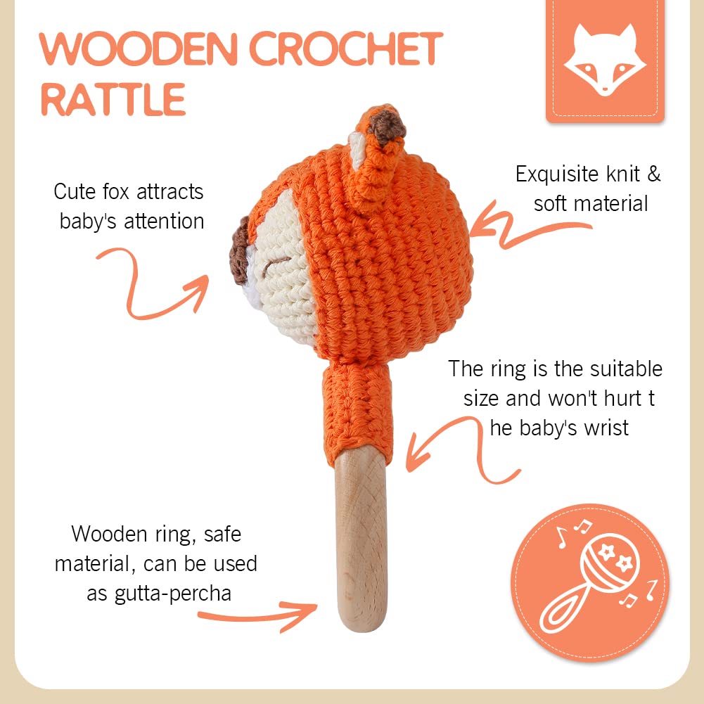 Youuys Babyrassel Gehäkelte Holz Häkeln Tiere Greifling Baby Holz Rassel mit Sound Handmade Rassel f