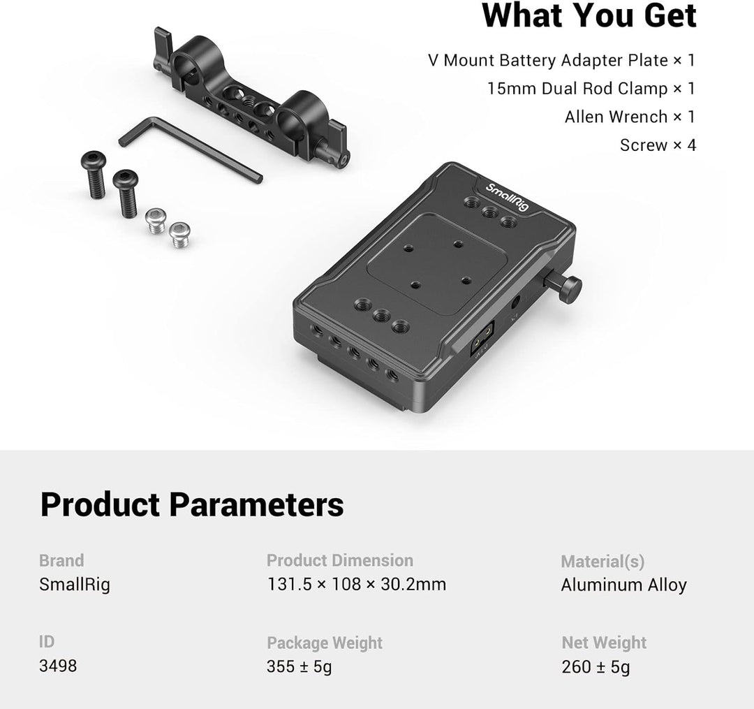SMALLRIG V-Mount Akkuplattenadapter mit doppelter 15-mm-Stabklemme, für spiegellose/DSLR-Kamera, für