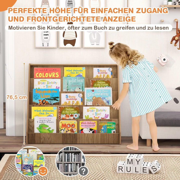 COSTWAY Kinderregal mit 5 Fächern, Bücherregal für Kinder, Zeitungsständer aus Holz, Aufbewahrungsre