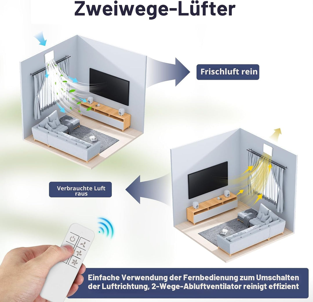Abluftventilator 100 mm, VMC Badezimmer, 130 m³/h, Fernbedienung, 2 Richtungen, 3 Geschwindigkeitsst