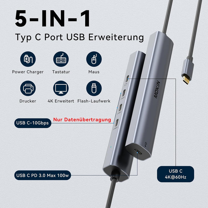 MOKiN 10Gbps USB C HUB, MacBook Adapter USB HUB mit 4K@60Hz Video Output, 100W PD Charging, USB C Da