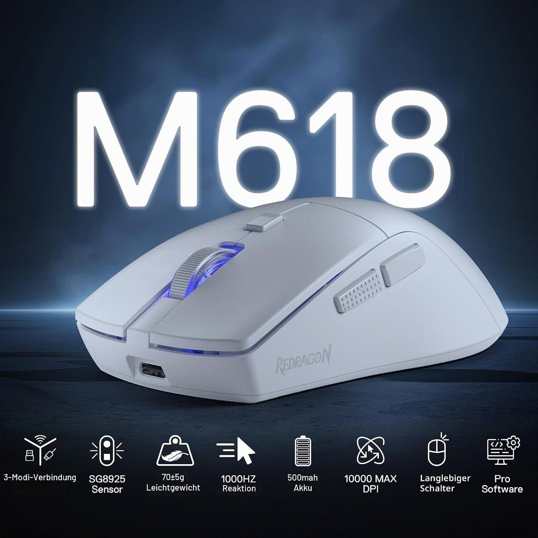 Redragon M618 LIT Kabellose Gaming Maus 10000 DPI 70g Ultraleicht | 6 Programmierbare Tasten Optisch