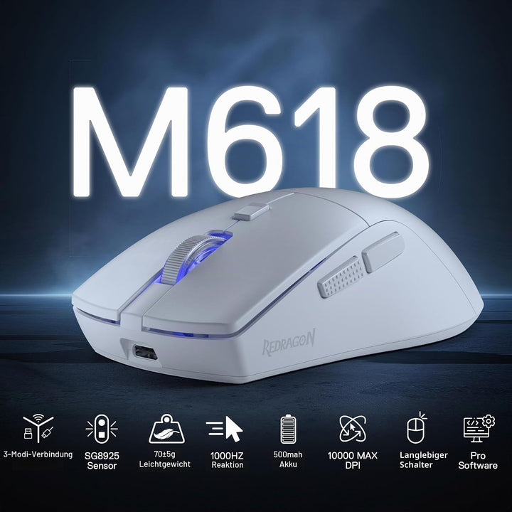 Redragon M618 LIT Kabellose Gaming Maus 10000 DPI 70g Ultraleicht | 6 Programmierbare Tasten Optisch