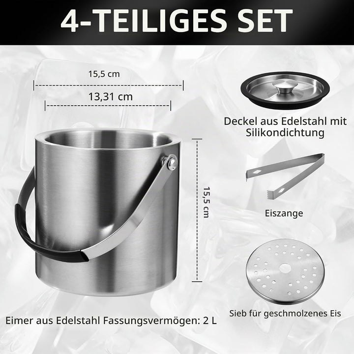 2L Eiswürfelform, Eiskübel mit deckel,Eiswürfelbehälter edelstahl mit Clips und Sieb, ideal für Part