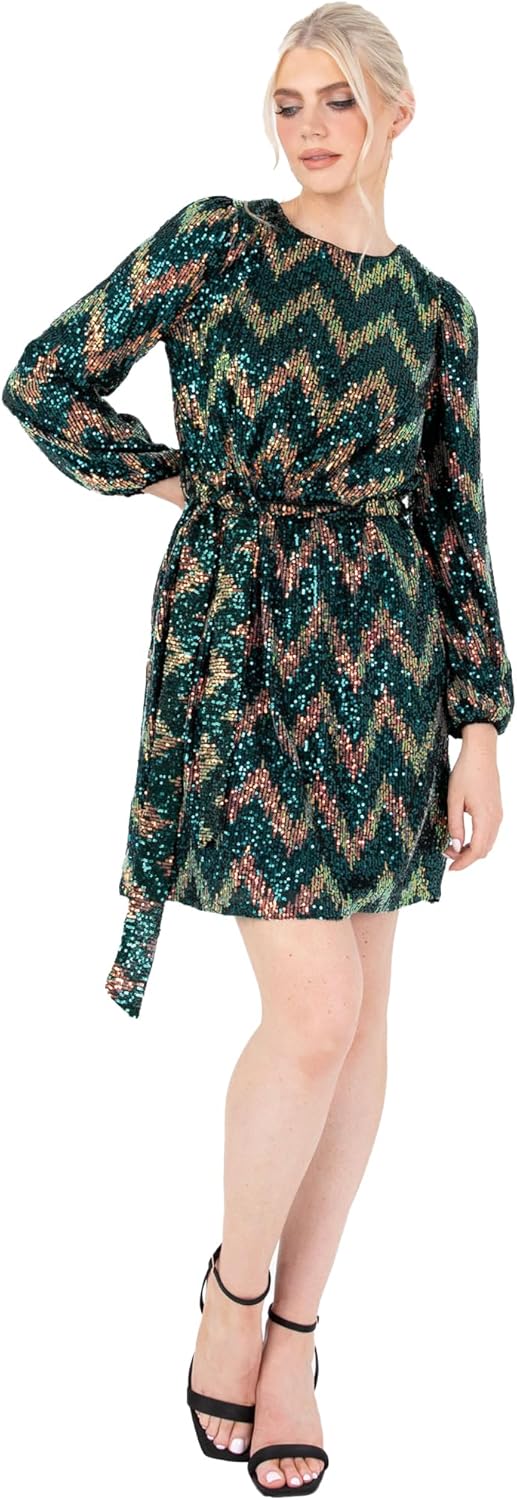 Lovedrobe Damen Women's Mini Ladies Short Sequin Embellished Long Sleeve Round Neck Tie Belt Zig-zag