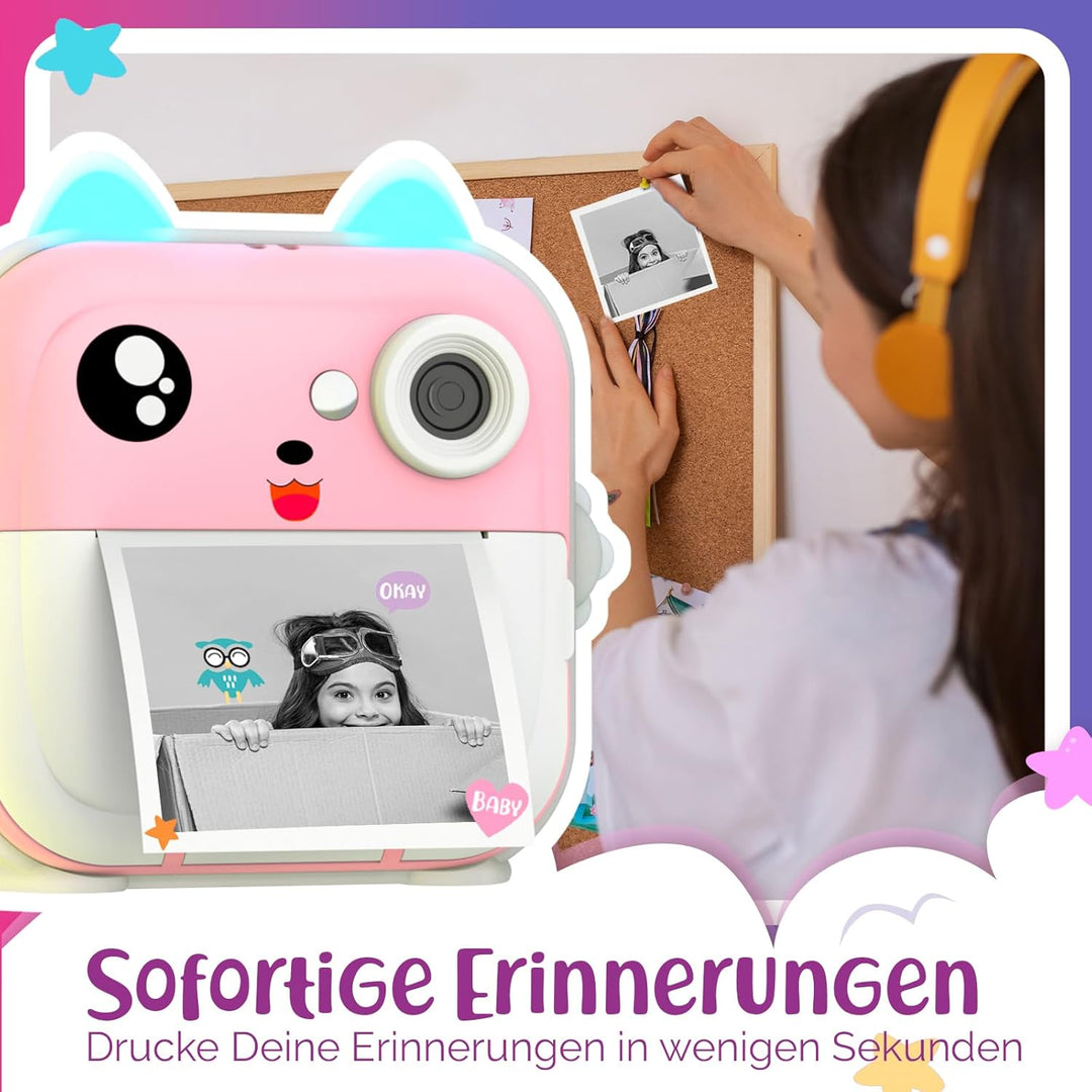 Sofortbildkamera Kinder – 1080P HD, 48 MP, 32-Gb-Karte, Bluetooth, Kostenlose App, 4 Rollen Druckpap