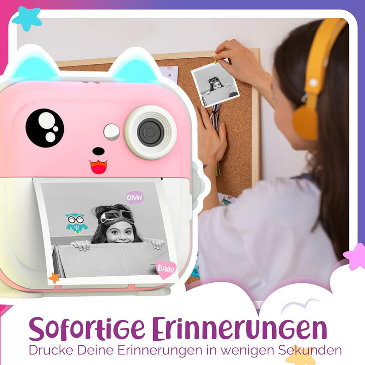 Sofortbildkamera Kinder – 1080P HD, 48 MP, 32-Gb-Karte, Bluetooth, Kostenlose App, 4 Rollen Druckpap