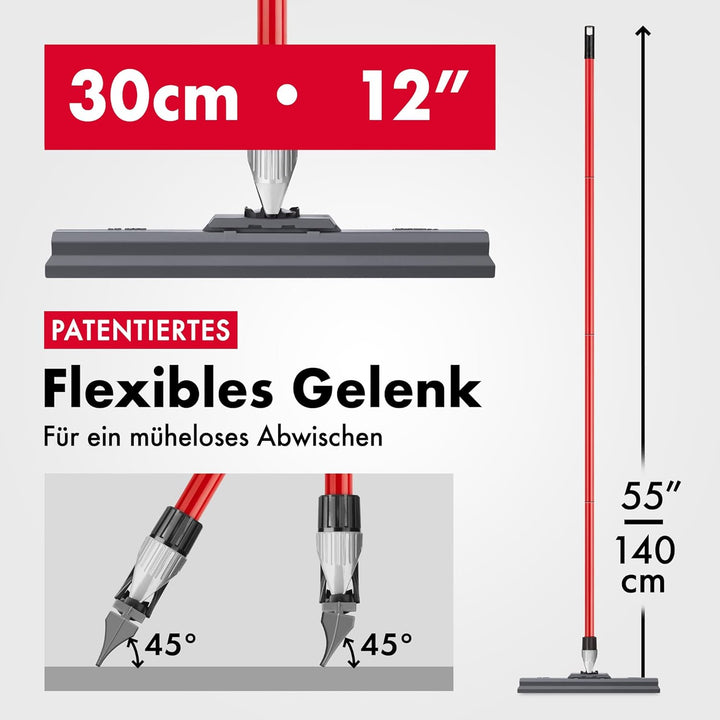 Wasserabzieher - Wasserschieber Mit Extra Langlebiger 30cm Silikon Lippe, 4 Teile Griff 140 CM, Flex