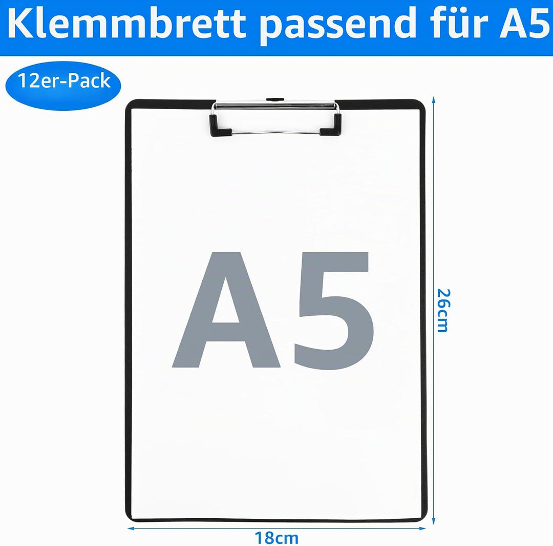 12 Stück Kunststoff klemmbretter A5, Clipboard A5, Schwarz Klemmbretter mit Loch, Klemmbrett mit Kle