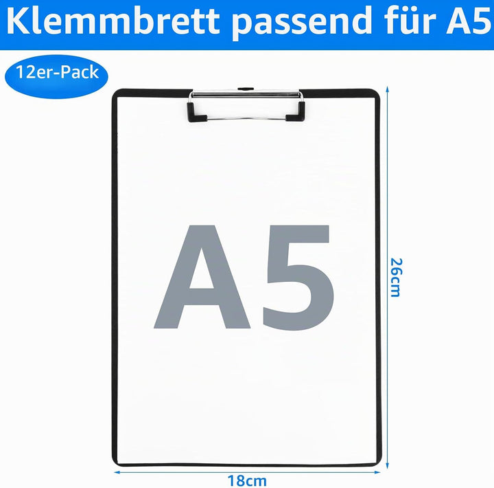 12 Stück Kunststoff klemmbretter A5, Clipboard A5, Schwarz Klemmbretter mit Loch, Klemmbrett mit Kle