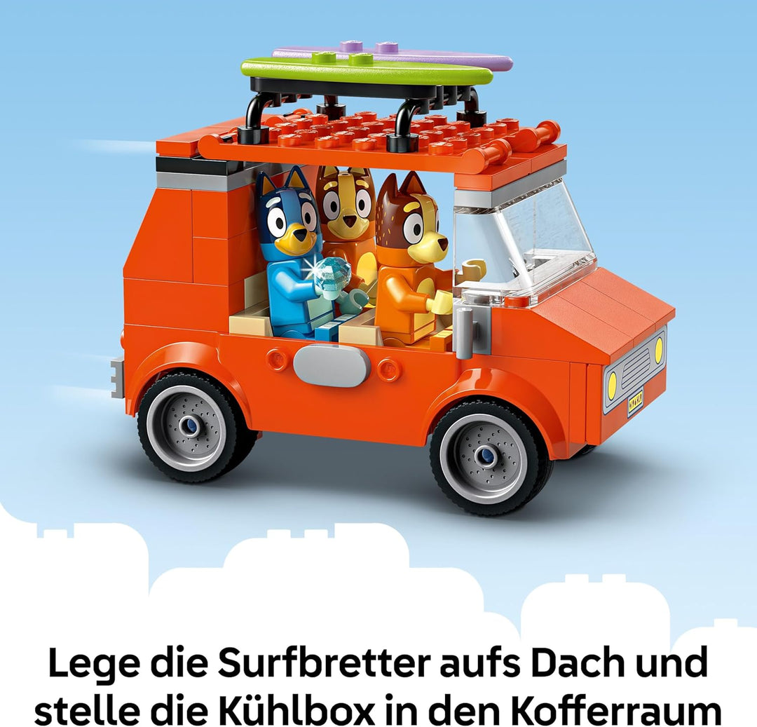 LEGO Bluey: Bluey's Beach & Family Car Trip Toy with 3 Minifigures incl. Bingo & Chilli, Plus 2 Surf