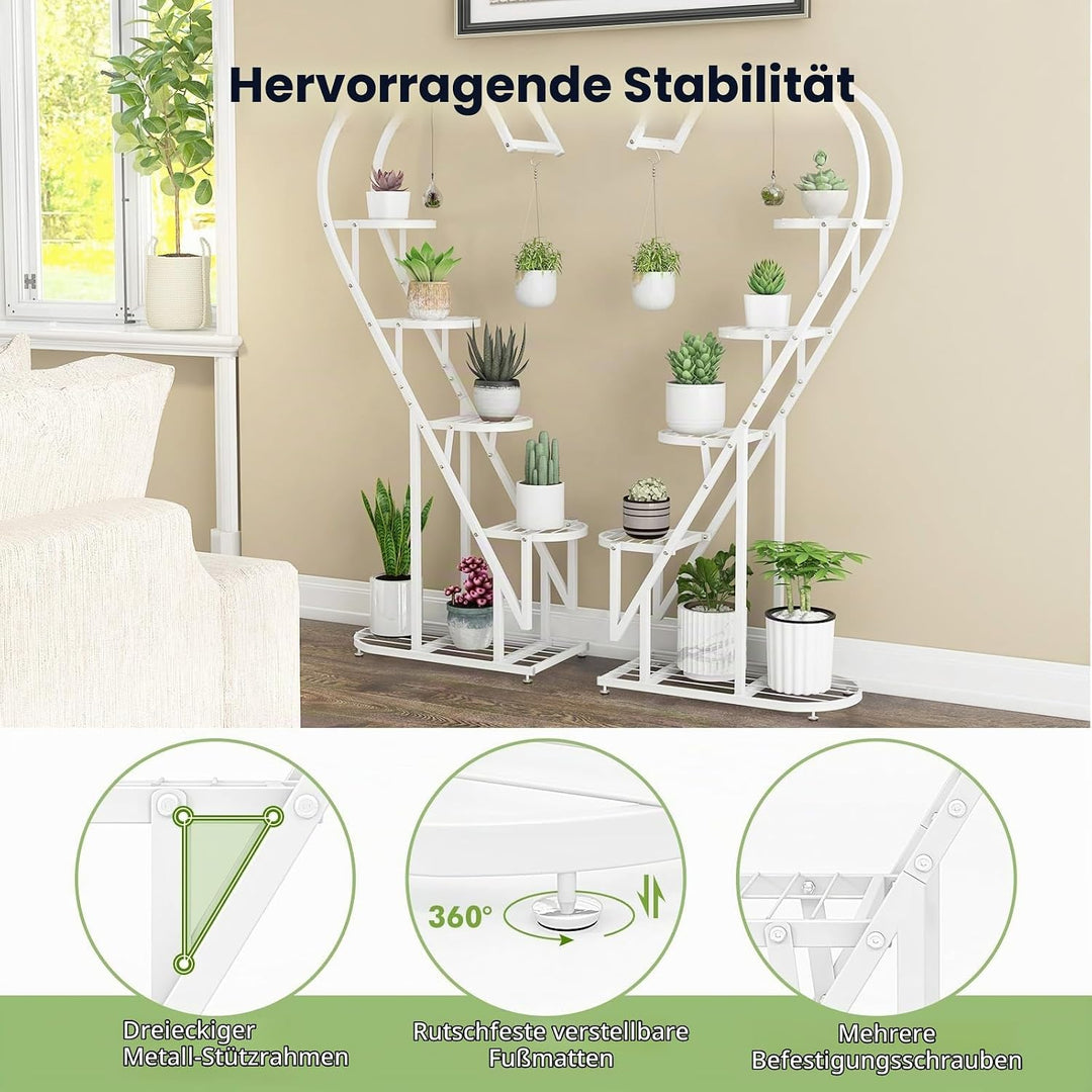 HOMASIS 5 Etagen Metall Pflanzenständer herzförmig, mehrstöckig Blumenständer mit Haken, Blumentopfs