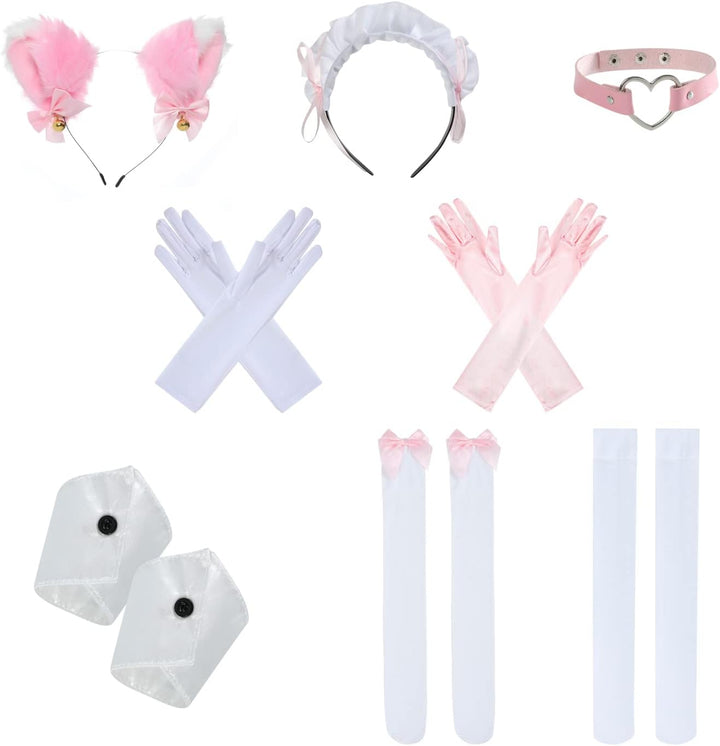 nbe - Niedliches Anime Französisch Dienstmädchenkleid mit 12-TLG. Kuchengarnitur, Herz-Choker-Kostüm