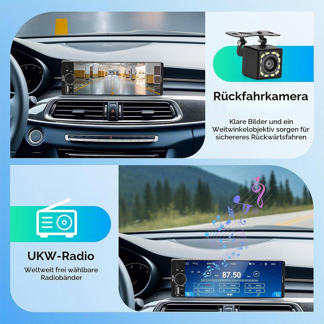 6,3 Zoll 1 DIN Autoradio mit Wireless CarPlay &amp; Android Auto, Rückfahrkamera, Mirror Link, Freisprec