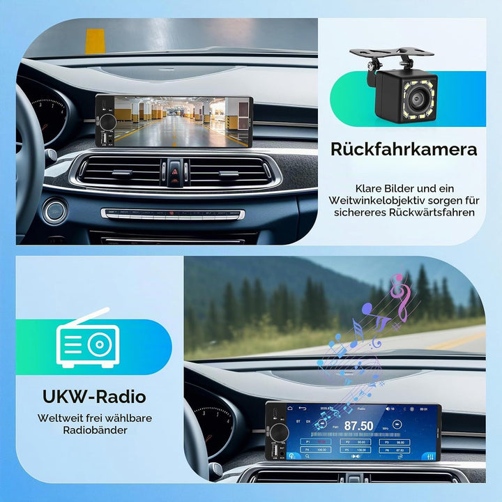 6,3 Zoll 1 DIN Autoradio mit Wireless CarPlay &amp; Android Auto, Rückfahrkamera, Mirror Link, Freisprec