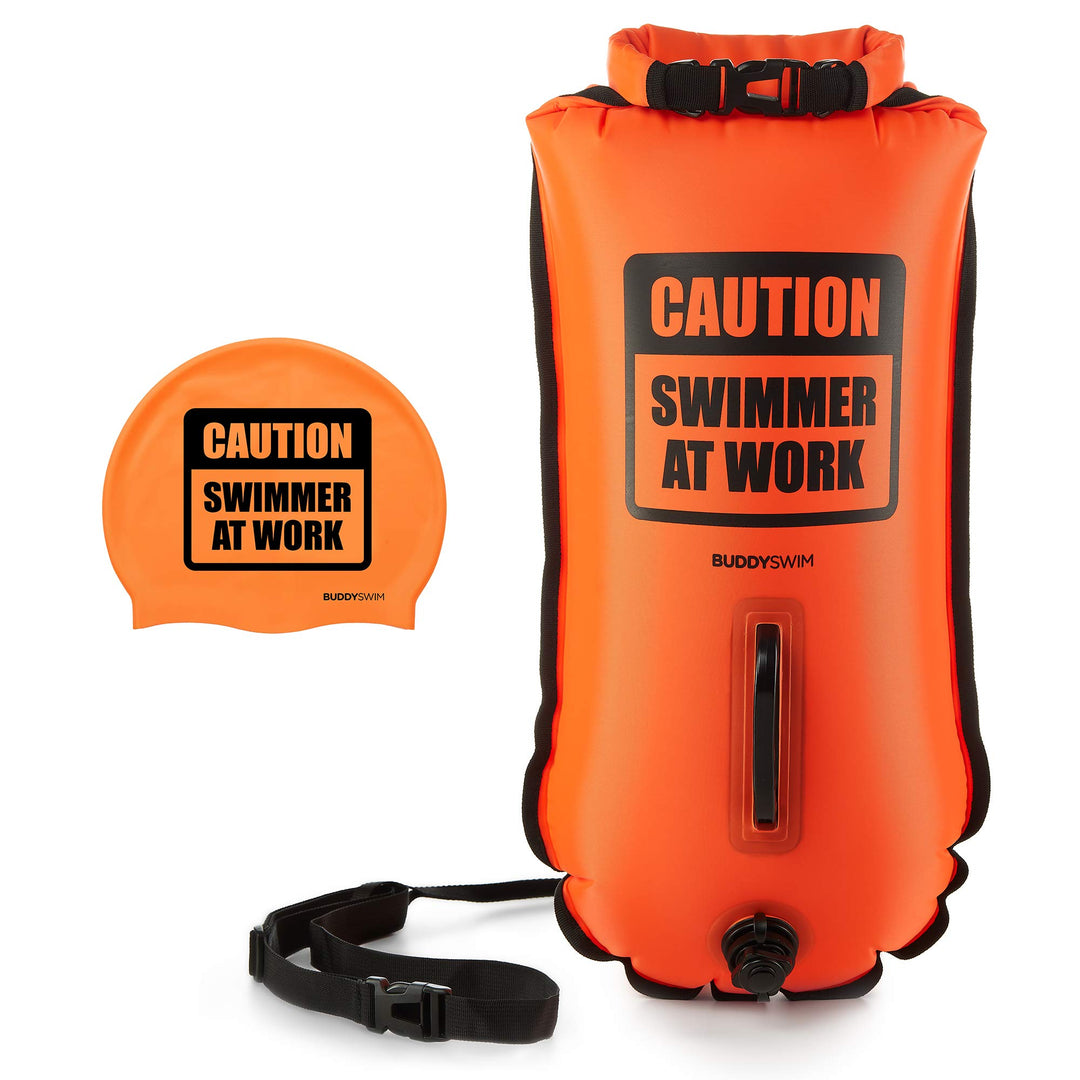 Buddyswim Set aus Freiwasser-Schwimmboje 28 Liter und Badekappe. Sicherheitsboje zum Schwimmen im of