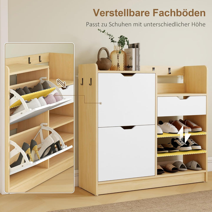 HOMCOM Schuhschrank mit 2 Klappen, Multifunktional Schuhkipper, Schuhregal mit offenen Fächern, vers
