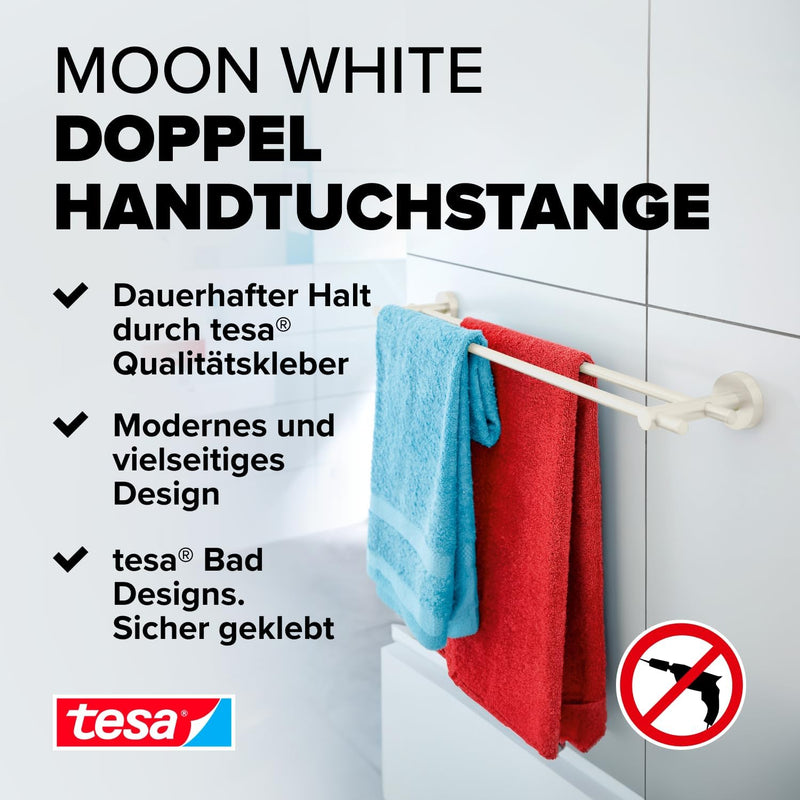 tesa Moon White Doppel-Handtuchstange, matt weiss - Badetuchhalter mit 2 Stangen - zur Wandbefestigu