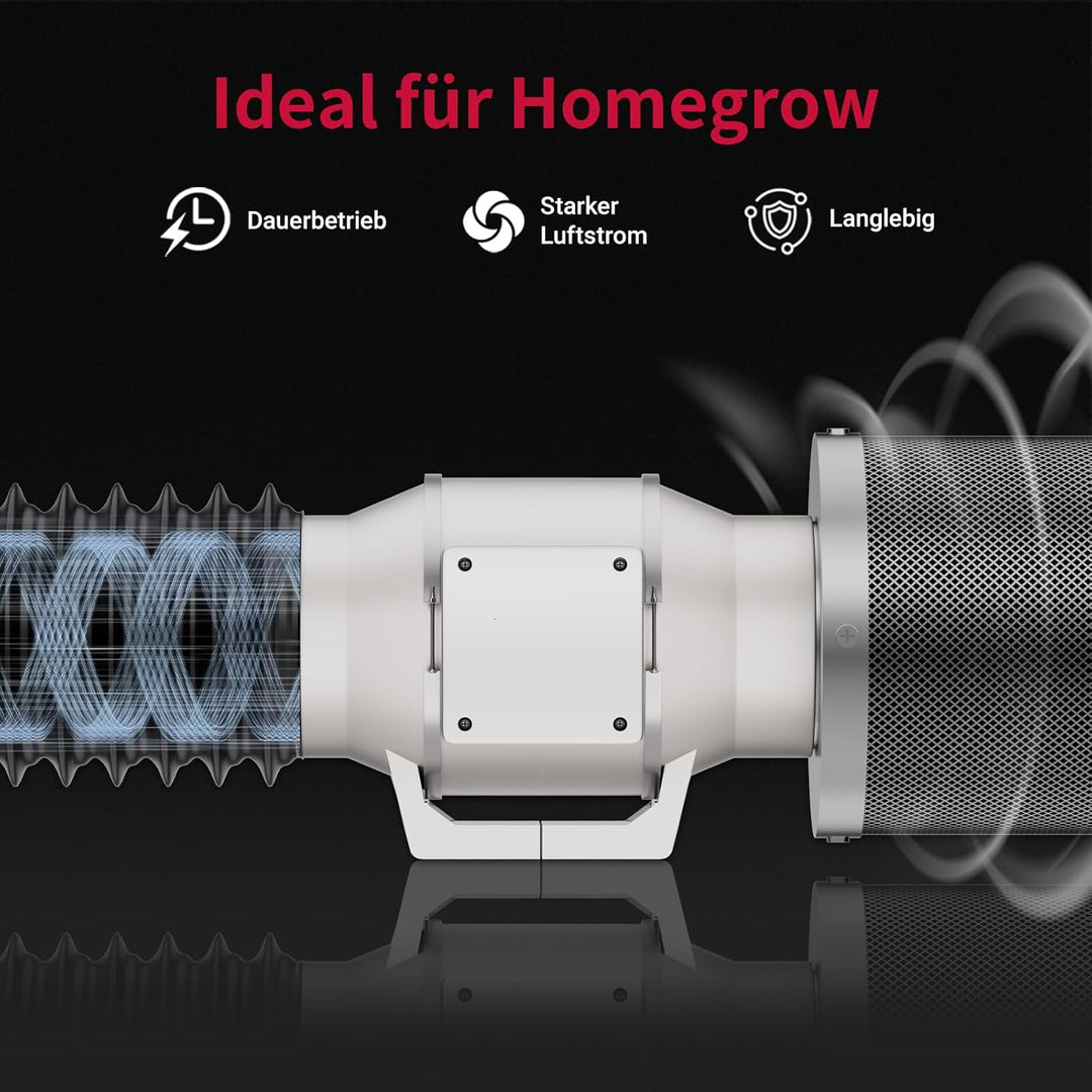 Regelbar Rohrventilator 100mm, 220 m³/h, Drehzahlgeregelt Rohrlüfter mit Stecker für Growzelt, Indoo