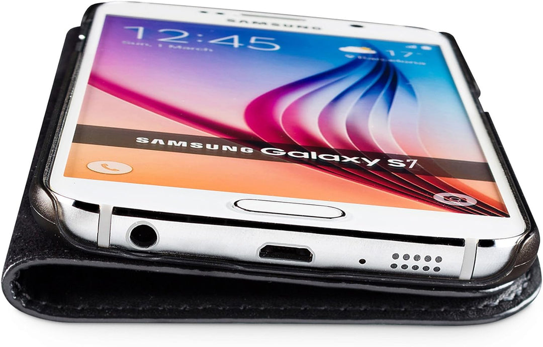 WIIUKA Echt Ledertasche -TRAVEL- für Samsung Galaxy S7 mit Kartenfach, extra Dünn, Tasche Schwarz, L