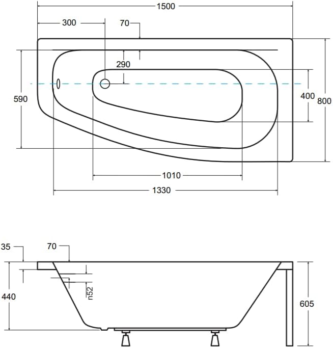 BADLAND Badewanne Original Weiss Acryl Wanne Eckbadewanne LUNA 150x80 Rechts KOMPLETTSET SET + Füsse
