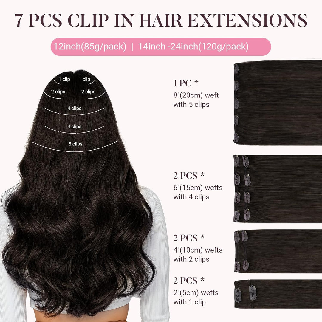 MAXITA Echthaar Extensions Clip, 40cm 16 Zoll 120g 7 Stück Dunkelbraun Clip in Extensions Echthaar N
